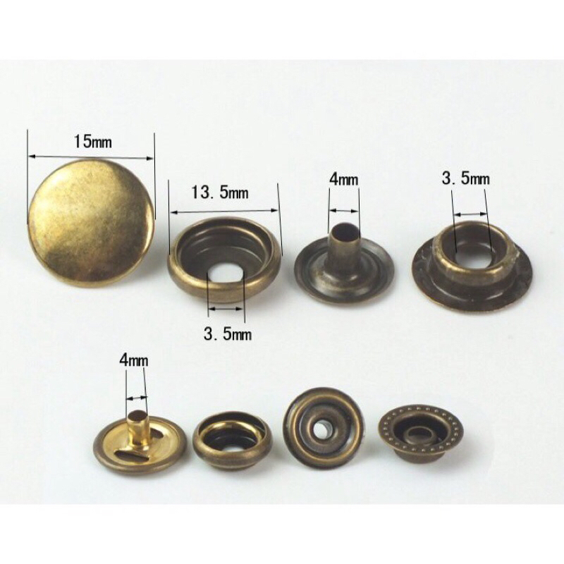 50 Nút bấm 4 thành phần Cúc bấm Loại 15mm Bằng thau không gỉ Màu bạc,đồng,đen Phụ liệu may mặc túi xách