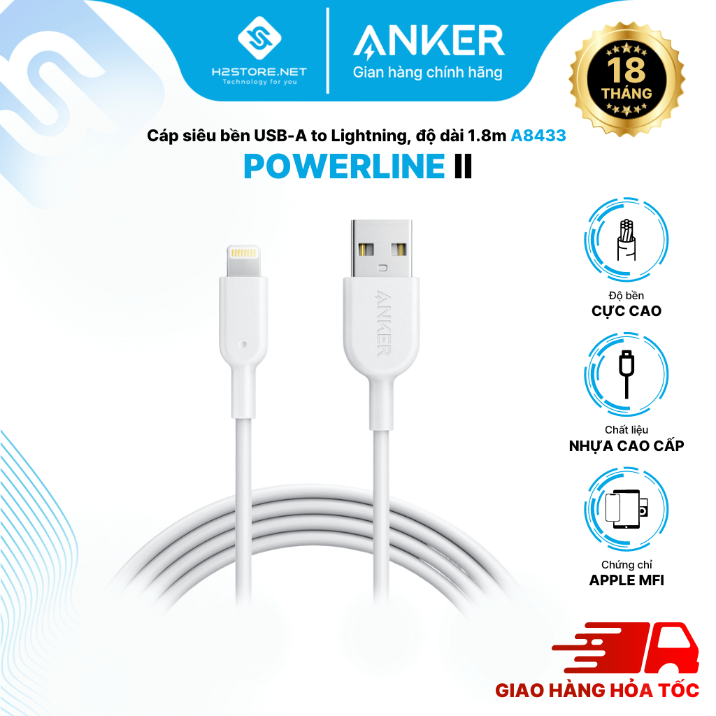 Cáp sạc ANKER Powerline II Lightning - Dài 1.8m - A8433