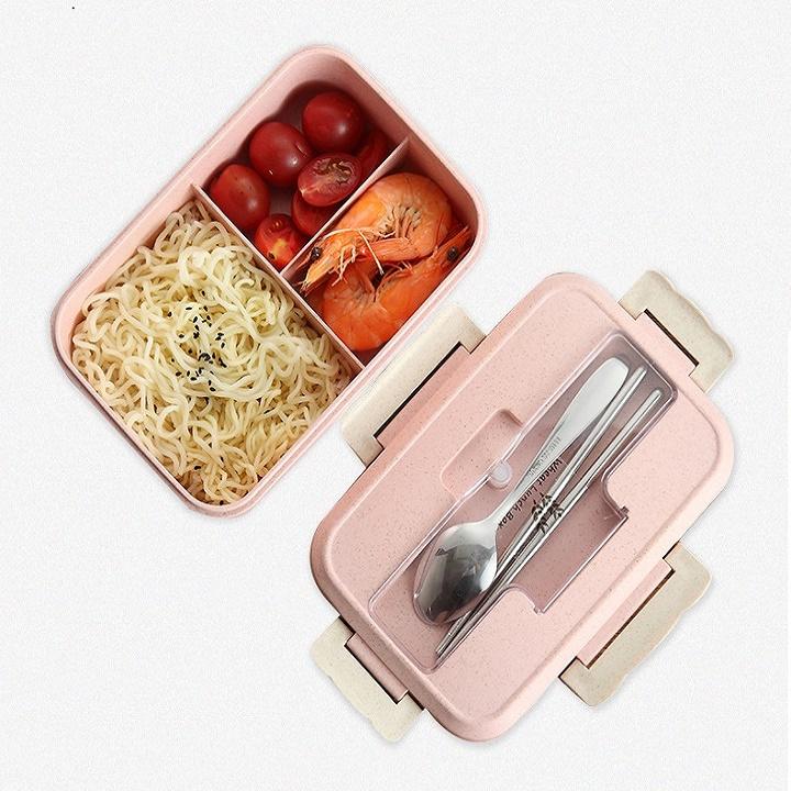 [HOT] Hộp đựng cơm lúa mạch 3 ngăn - tặng kèm thìa và đũa inox
