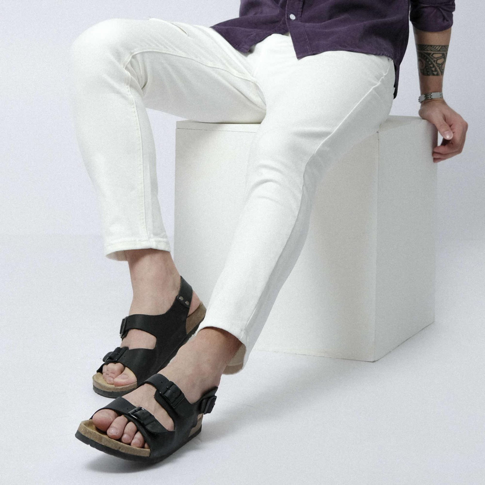 Giày Sandal Đế trấu Unisex 2 khóa da pu đen