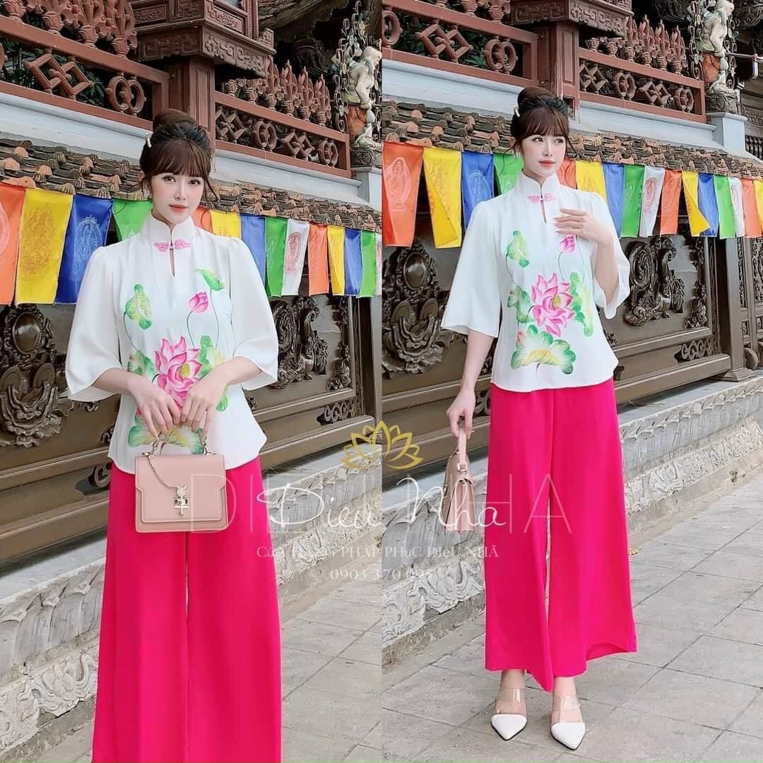 Sét bộ lam thêu hoa sen-TH