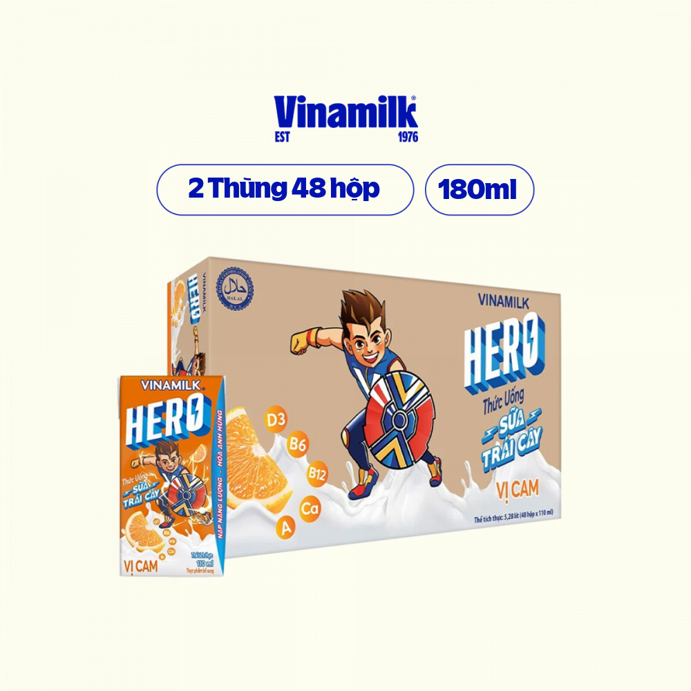 2 thùng thức uống sữa trái cây vị cam vinamilk hero 180ml - 48 hộp/thùng