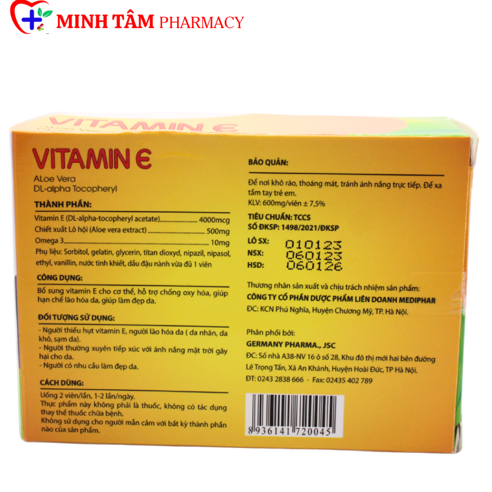 Vitamin E giúp da căng mịn, sáng đẹp (GERMANY) giảm thâm sạm, cấp ẩm cho da nhờ bổ sung Vitamin E- Hộp 30 Viên CHÍNH HÃNG