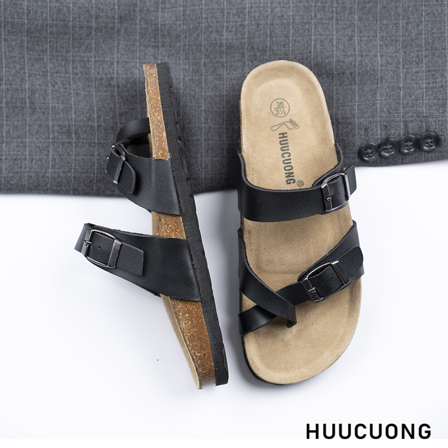 Dép đế trấu unisex xỏ ngón da pu đen