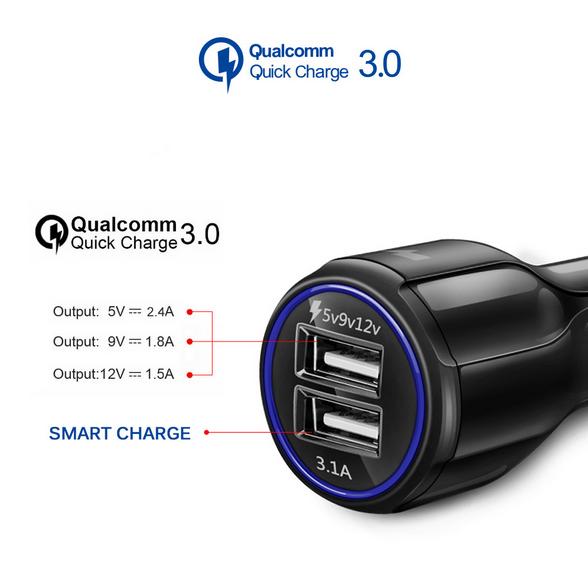 Tẩu sạc ô tô QC3.0 2 cổng USB 5V/3A sạc siêu nhanh LED viền tẩu sạc nhanh ô tô củ sạc nhanh dành cho ô tô
