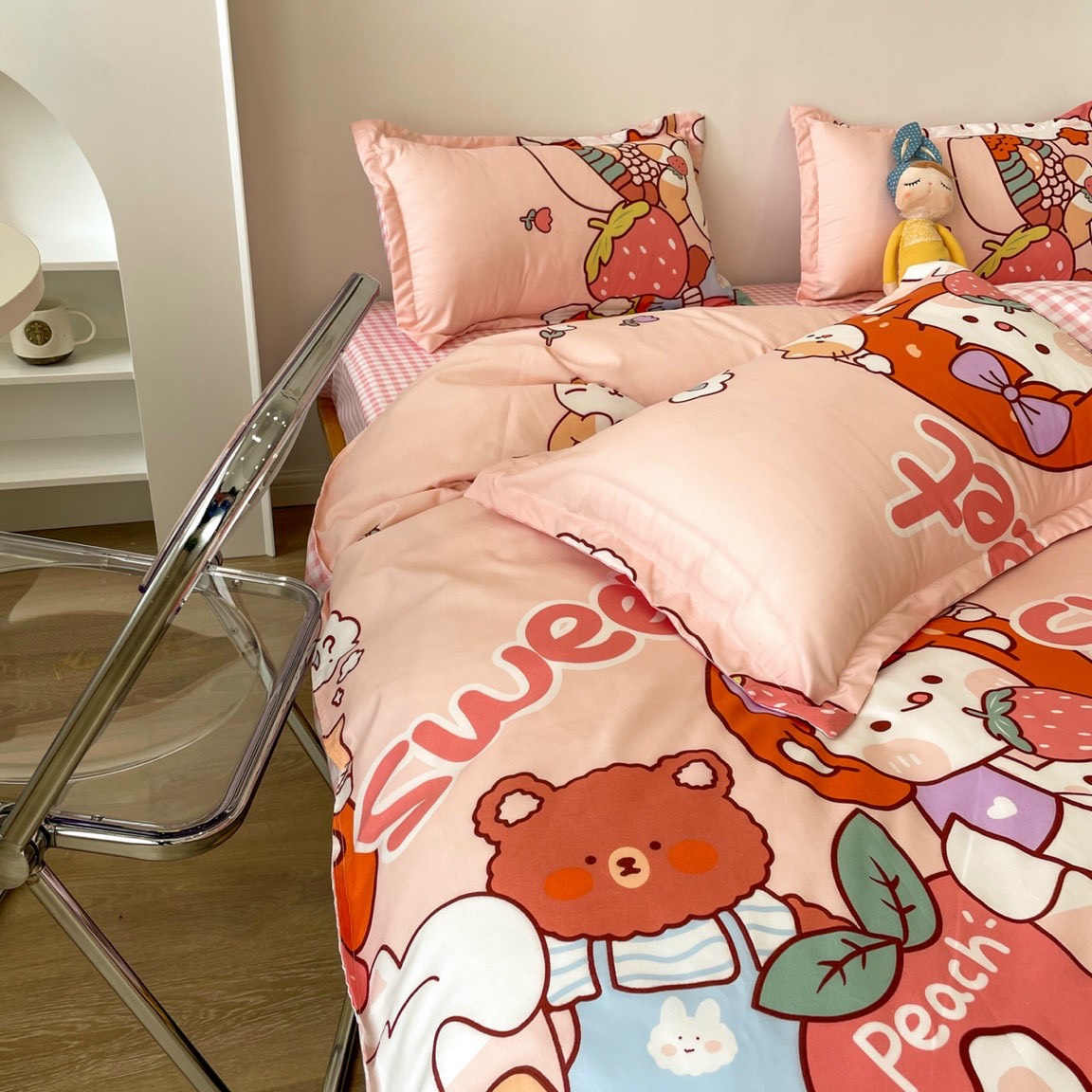 Trọn Bộ CHĂN GA GỐI MỀN, Hàng Cotton Poly Nhập Khẩu Mẫu THẾ GIỚI ĐỘNG VẬT MÀU HỒNG Siêu Cute
