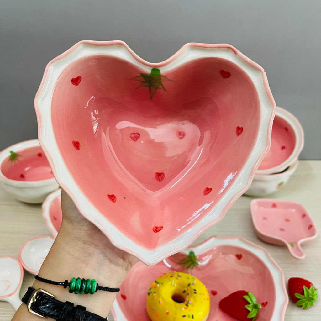 Bát đĩa decor, Bát ăn cơm, Chén Dĩa dễ thương tim dâu hồng siêu đẹp