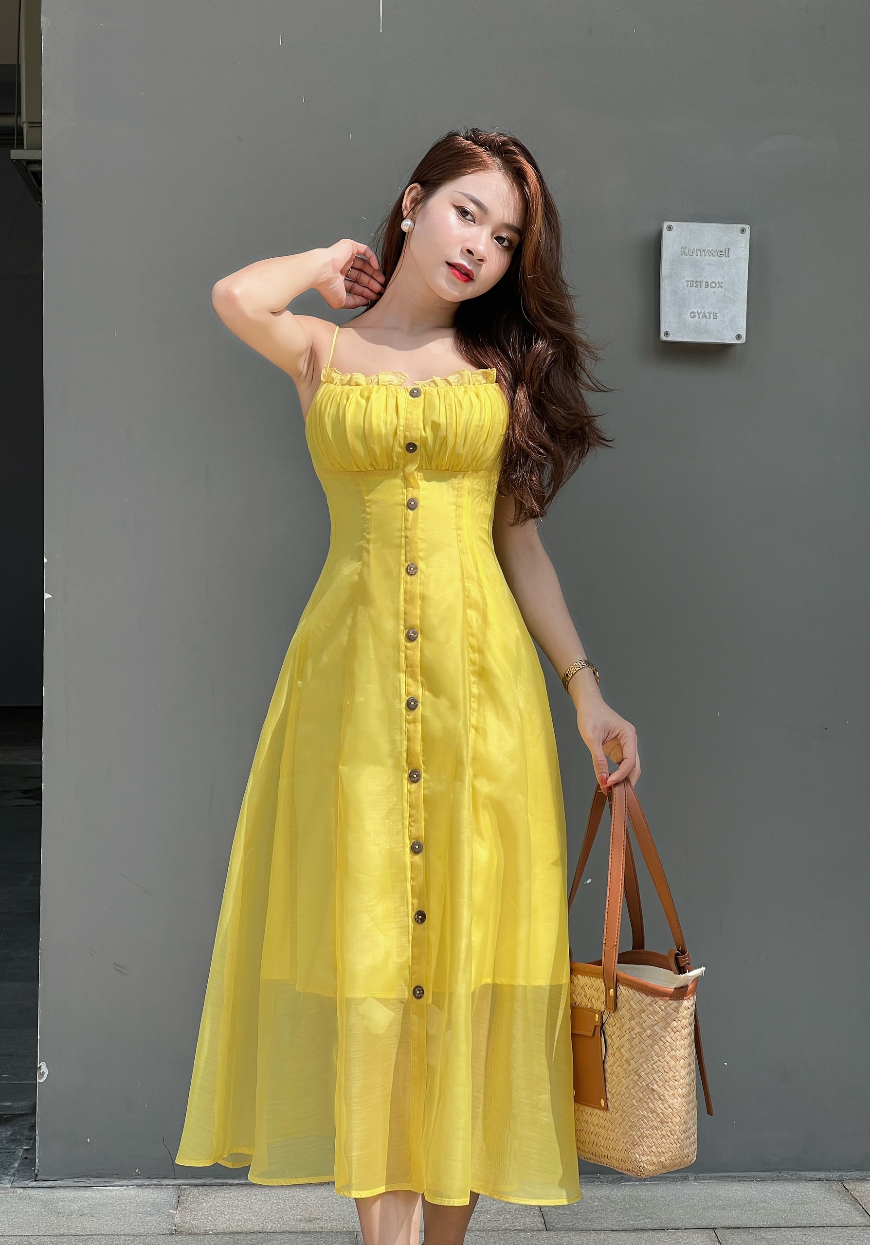 Đầm midi hai dây bèo nhún Joven
