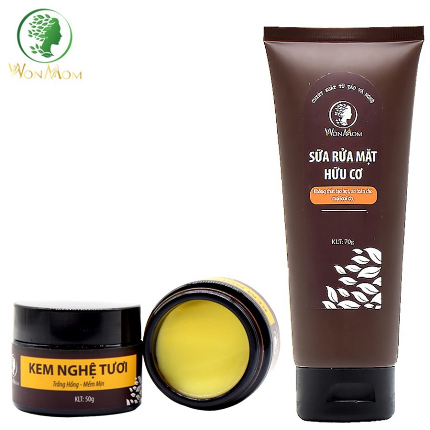 Combo sữa rửa mặt và dưỡng trắng sáng da mặt Wonmom (1 sữa tắm hữu cơ+ 1 kem nghệ tươi)