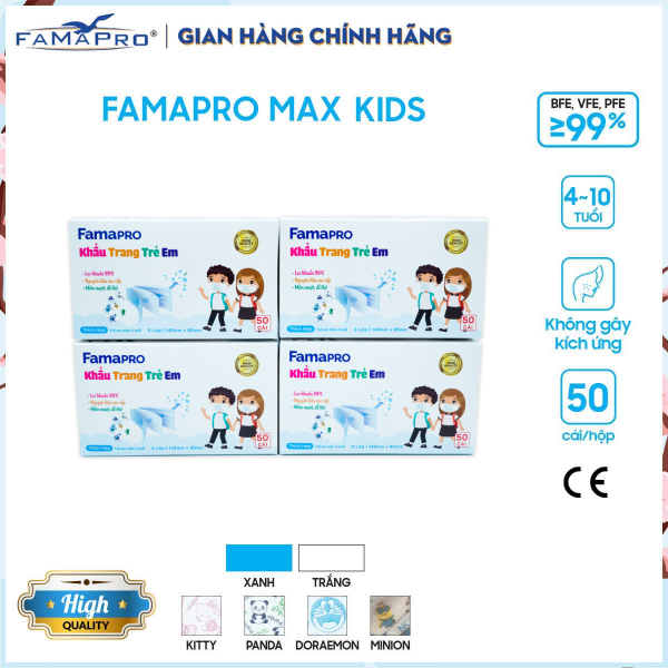 Combo 4 hộp Khẩu trang y tế 3 lớp trẻ em Famapro Max Kid (50 cái / Hộp)