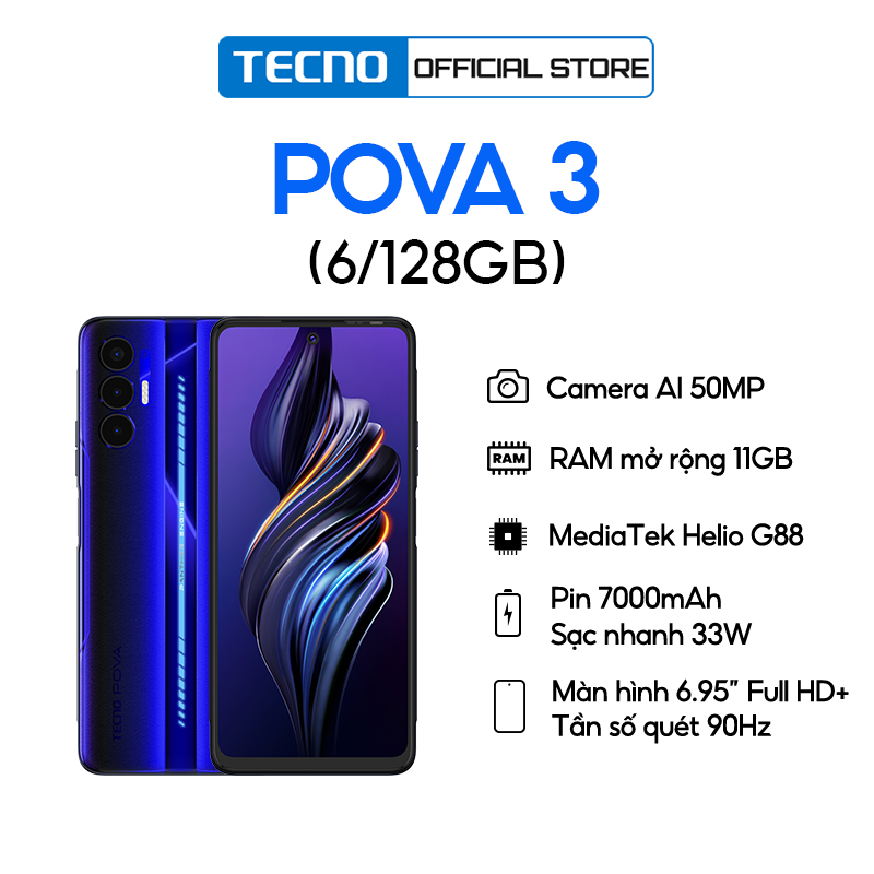 Điện thoại Gaming Tecno POVA 3 (6+5GB)/128GB – Helio G88 | 7000 mAh | Sạc nhanh 33W