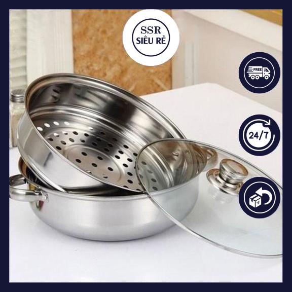 Bộ xửng hấp inox 28cm - nồi hấp đa năng 2 - 3 tầng cao cấp nắp kính, nồi lẩu inox 3 ngăn tiện dụng