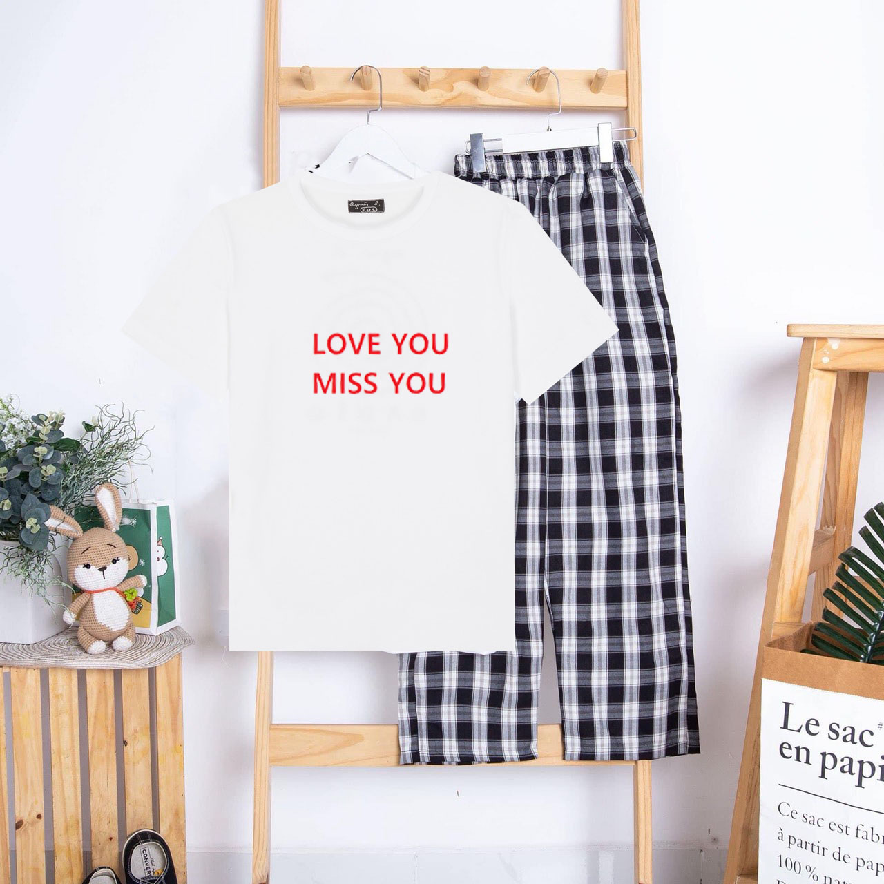 Sét bộ đồ quần áo nữ đẹp giá rẻ mặc đi chơi dạo phố - sét áo love you + quần kẻ dha0720 - tại bahada
