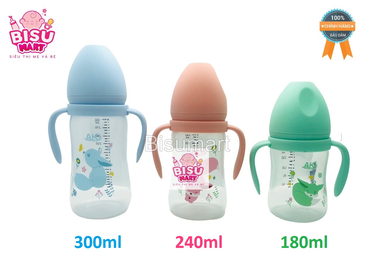 Bình Sữa Cổ Rộng PP AKI 180ml - 240ml - 300ml (tặng kèm núm vú cổ rộng)