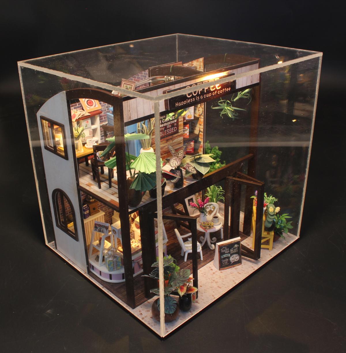 Mô hình nhà DIY Doll House Coffee House Kèm Mica Chống bụi, Bộ dụng cụ và Keo dán