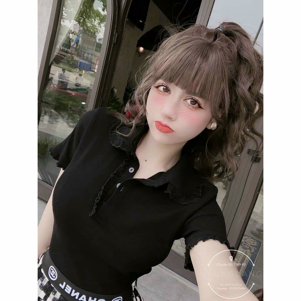 Áo croptop cổ bẻ viền bèo