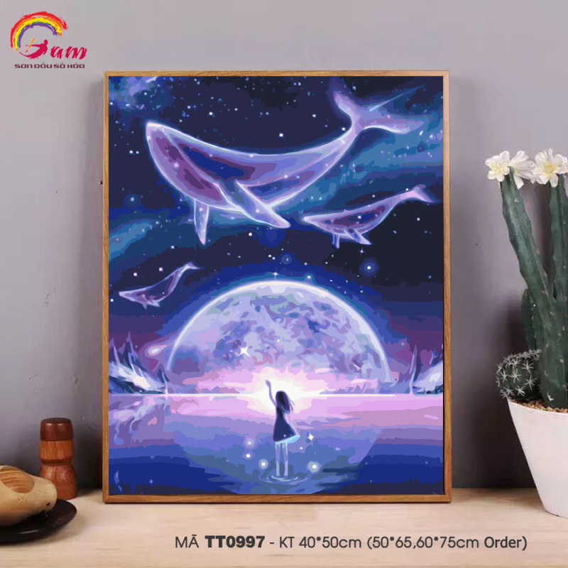 Tranh tự tô màu theo số sơn dầu số hóa Gam trừu tượng cá voi xanh TT0997