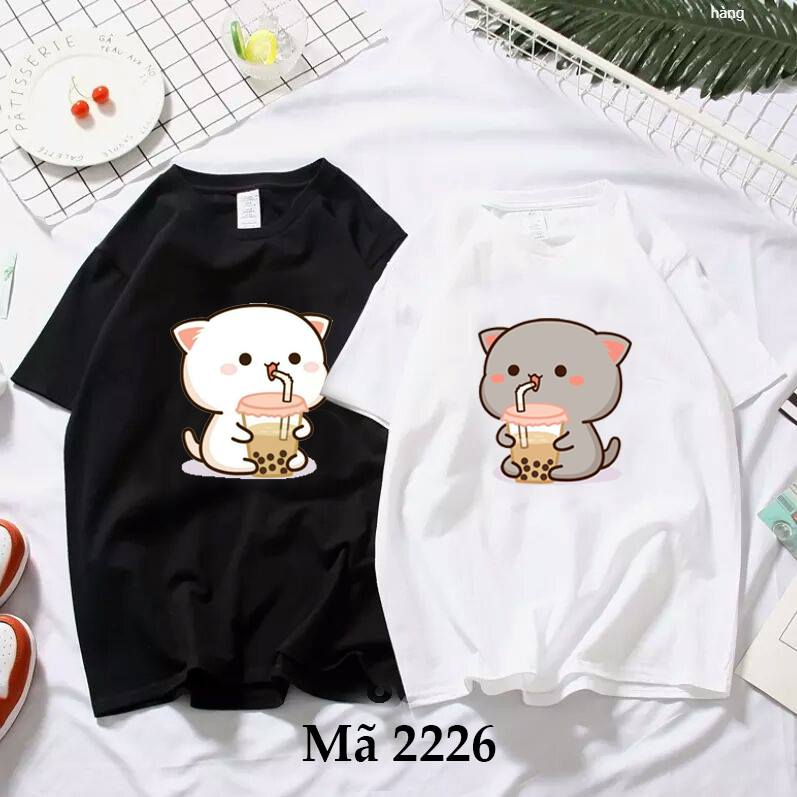 Combo 2 áo - áo đôi áo cặp áo thun đôi áo cặp in hai mèo uống trà sữa