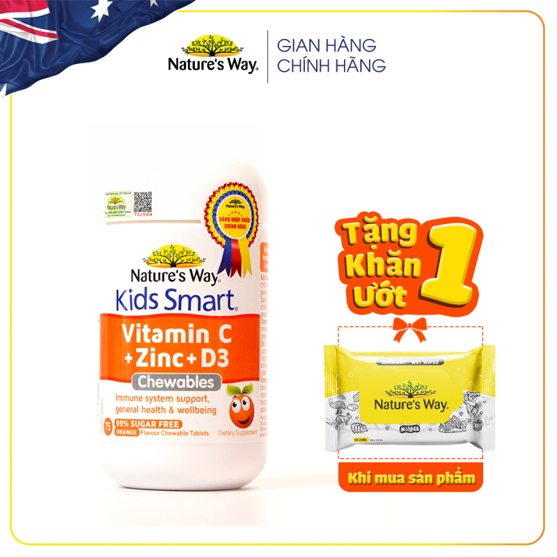 Viên Nhai Nature’s Way Kids Smart Vitamin C+ZinC+D3 Chewable Tablets Bổ Sung Vitamin Cho Bé Phát Triển Toàn Diện 75 Viên cao cấp