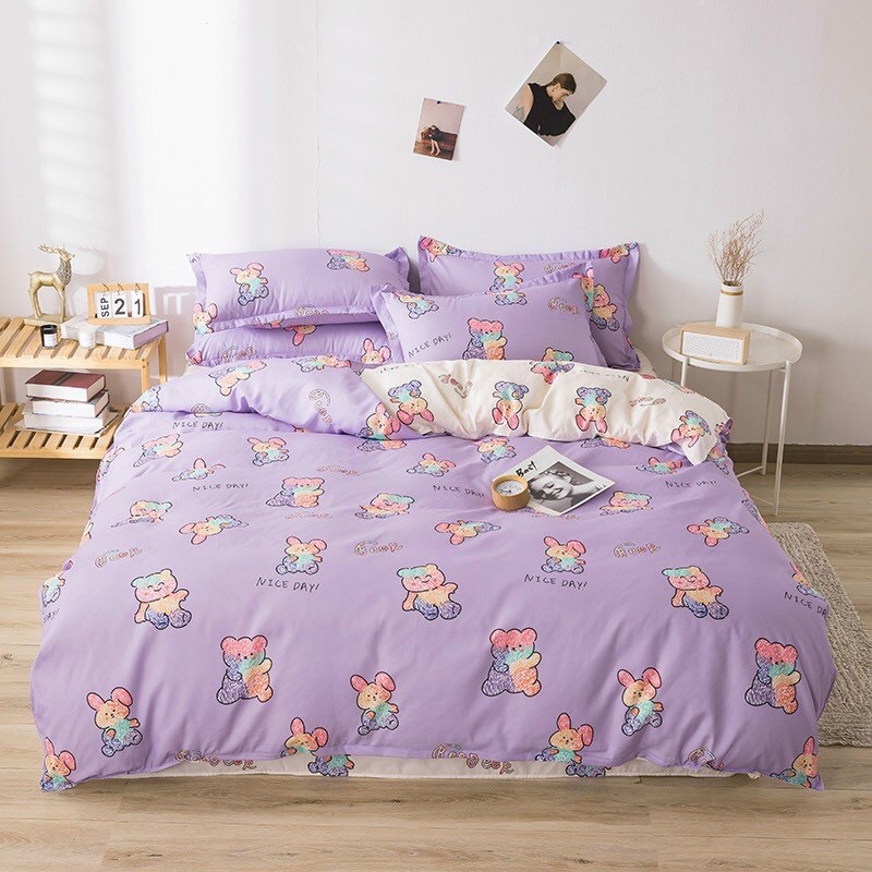 Bộ chăn ga gối poly cotton gấu tím