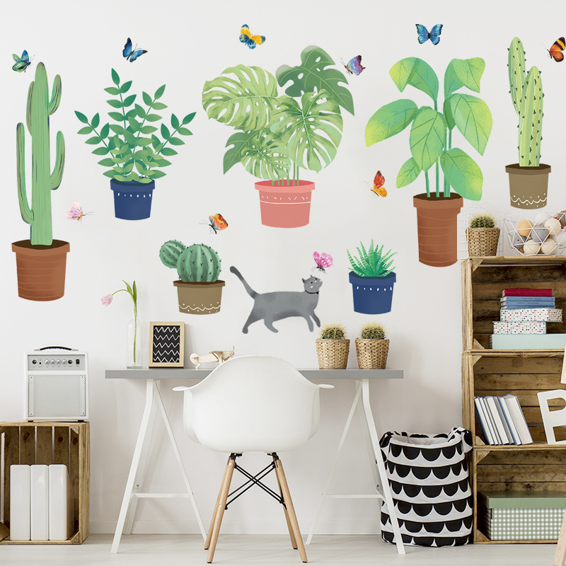 Decal dán tường kệ chậu cây và mèo XL7248