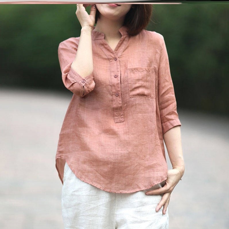áo sơ mi nữ cổ trụ,chất đũi - A25