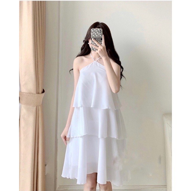 Đầm babydoll nữ cổ yếm hở vai xòe 3 tầng màu trắng công chúa dáng xòe chữ a, giá rẻ học sinh phong cách hàn quốc, EYE STORE