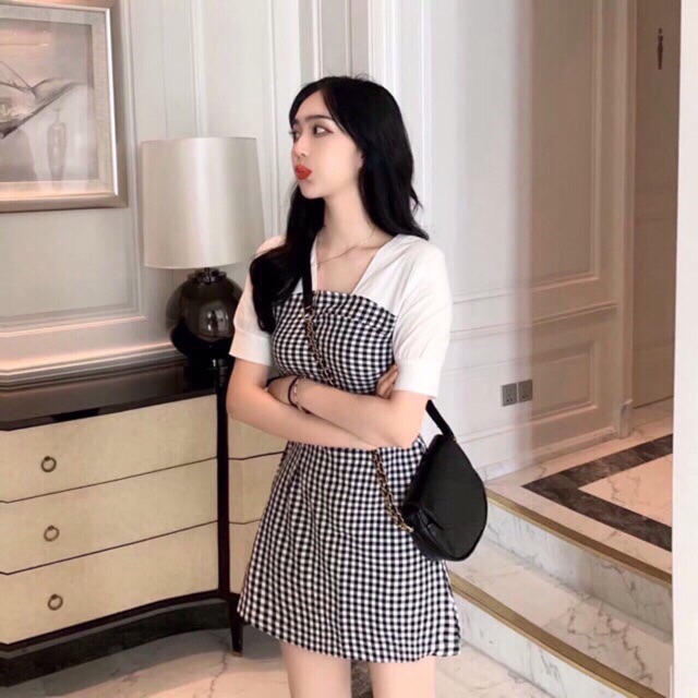 Đầm caro phối tay trắng