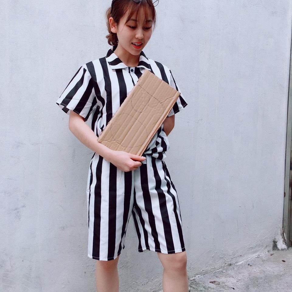 [ Hoa Fashion] Bộ Thun Nam Nữ Sọc Đen Trắng-Bộ Pijama Tù Trưởng Cực Hot MS83