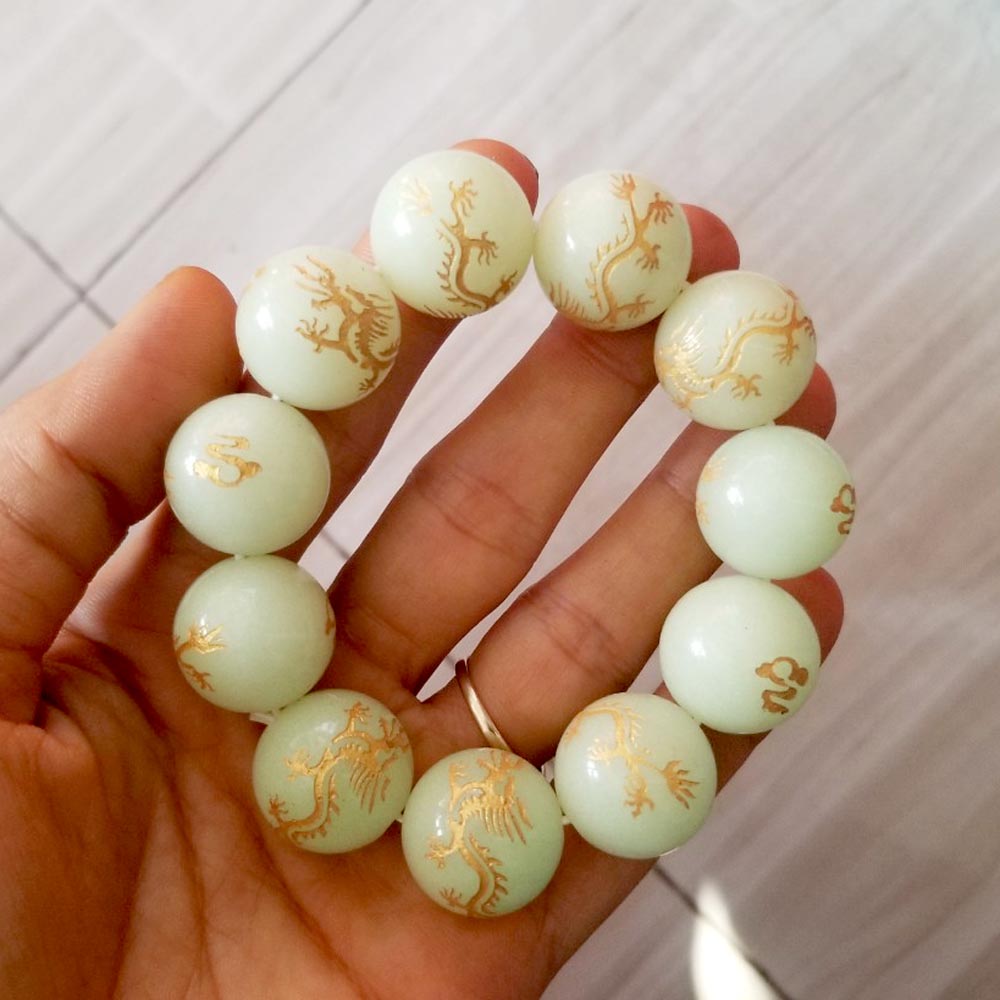 Vòng tay chuỗi đá mã não dạ quang khắc hình Rồng vàng-Nhiều cỡ ly