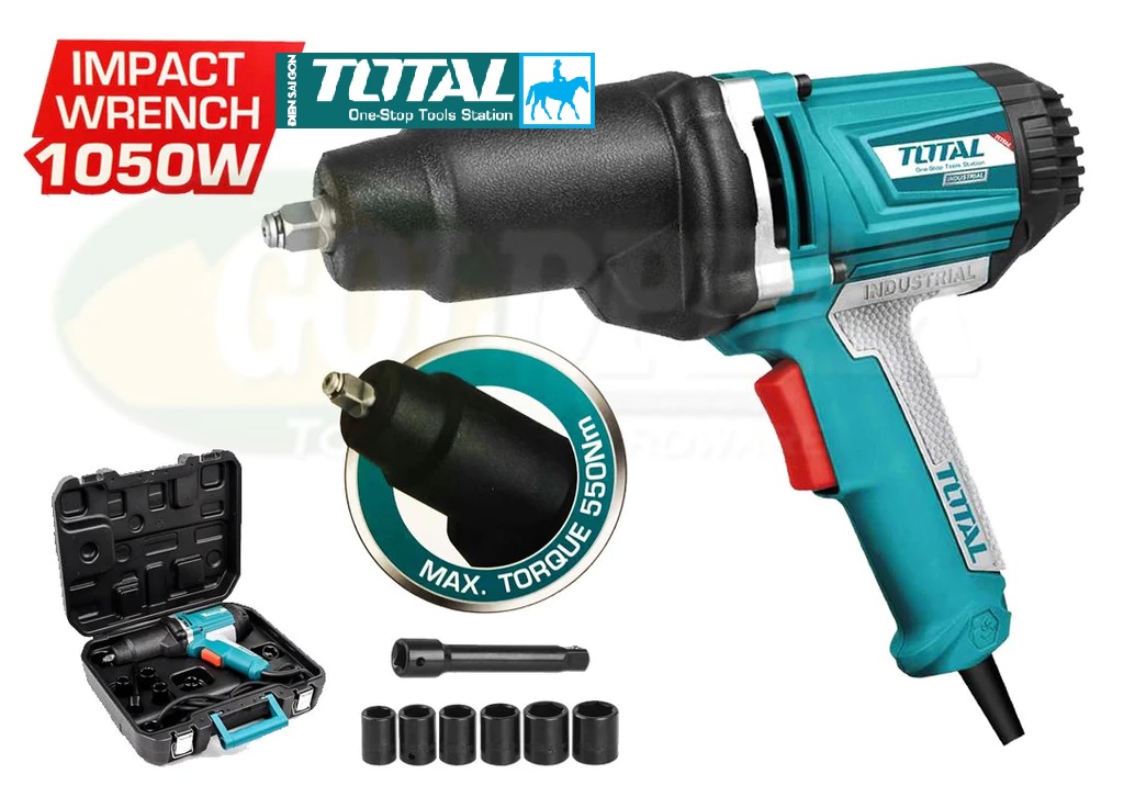 MÁY VẶN BU LÔNG ĐIỆN 1050W TOTAL TIW10101 Điện áp sử dụng: 220-240V~50/60Hz Tốc độ không tải: 2300/phút Đầu nối: 1/2” Mở được bu lông lớn nhất là M20 (30cm) Trọng lượng: 6kg