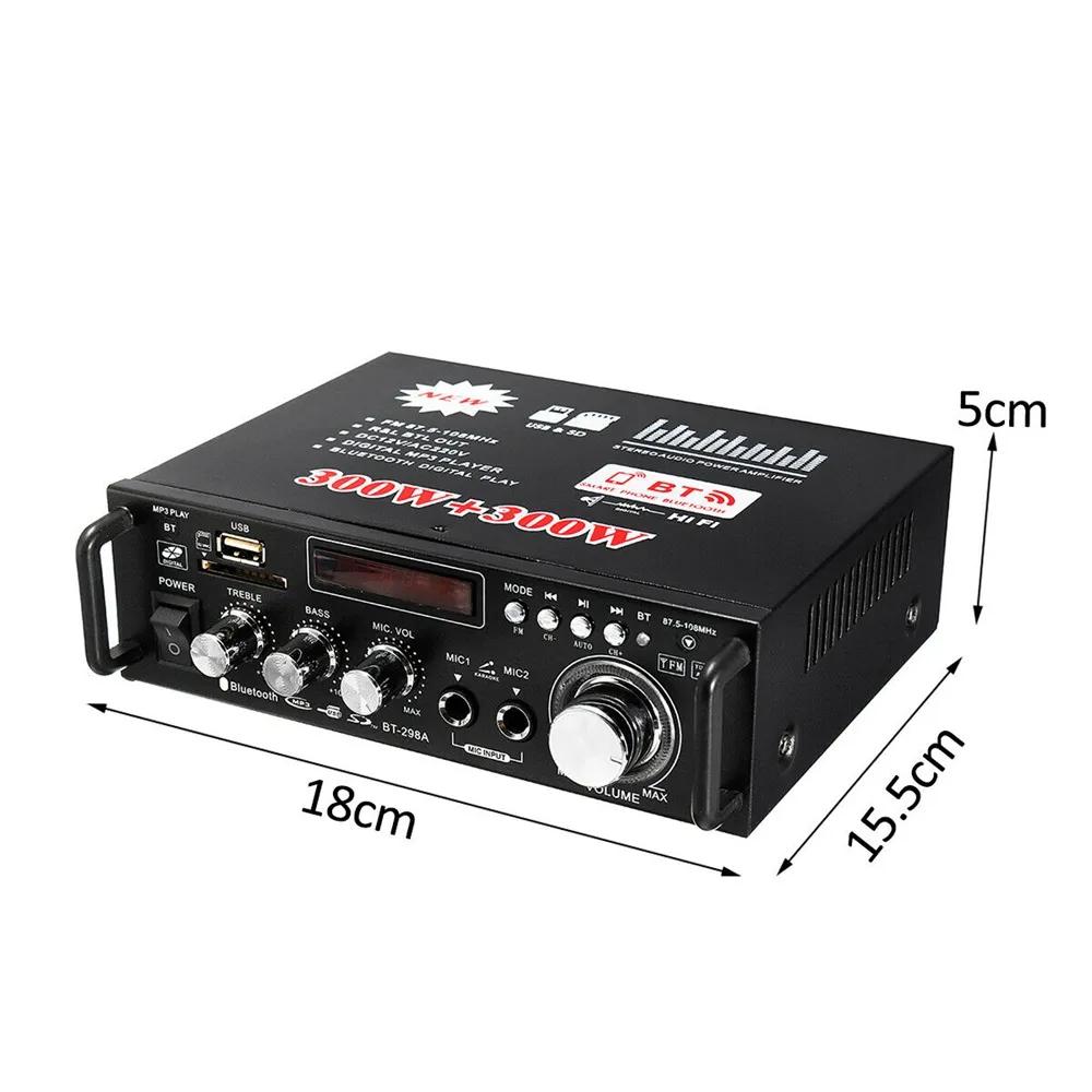 Bộ khuếch đại âm thanh bluetooth 12v/ 220v bt-298a màn hình lcd 300w+300w có điều khiển từ xa eu