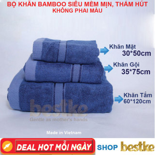 BỘ 3 Khăn Tắm Khăn Gội Khăn Mặt Bamboo Bestke Cao cấp Xuất khẩu Hàn Quốc màu Xanh Bamboo Towel thumbnail
