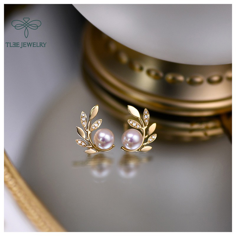 Khuyên tai bạc nữ TLEE Lá Oliu nạm đá ôm ngọc trai nhân tạo sang trọng TleeJewelry B0111