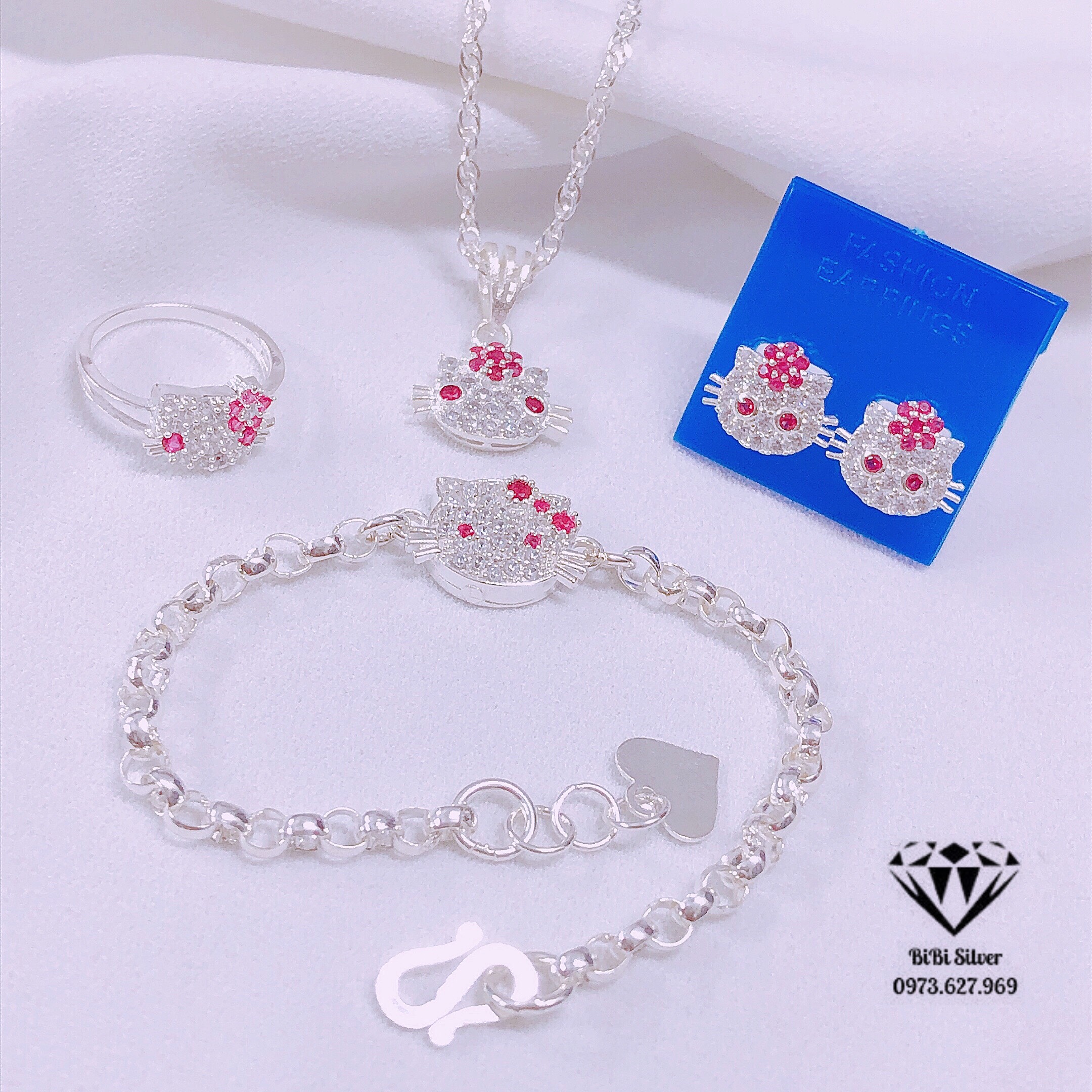 Bộ trang sức bạc ta mèo kitty gồm 4 món như ảnh (có bán lẻ món) - Shop bạc BiBi cam kết bạc chuẩn, chất lượng, kèm bảo hành