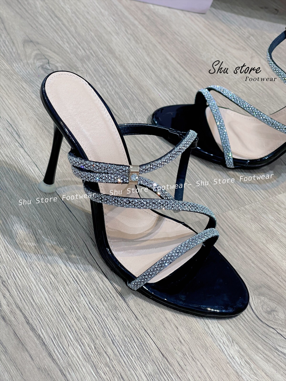 Giày sandal cao gót quai chéo đính đá thời trang đi tiệc cưới sang trọng cho nàng