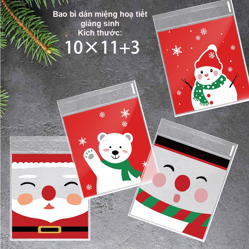 100 Túi Đựng Bánh Kẹo, Bao Bì Hoạ Tiết Dán Miệng Kích Thước 10x10+3 cm, Chủ Đề Noel Giáng Sinh