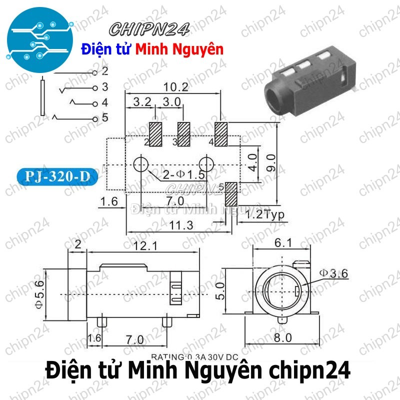 [4 cái] (F112.1) Jack Audio 3.5mm PJ-320D PJ320D Hàn Board chân dán - HH002435