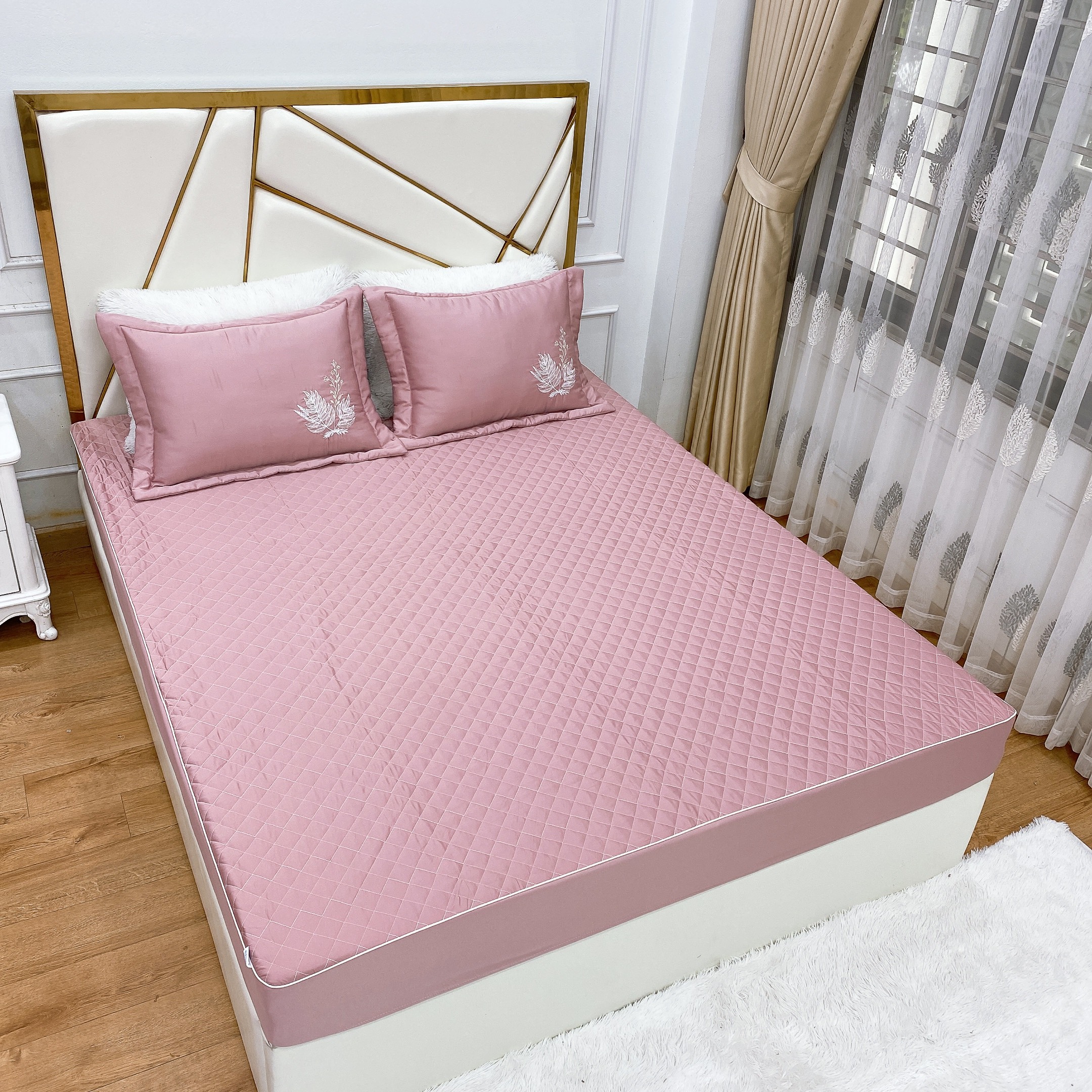 Bộ ga gối, drap chun trần bông 3 món phi lụa cao cấp ( dùng cho đệm 10cm )