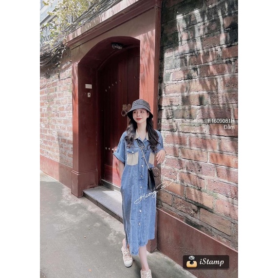 Đầm jeans xanh túi hộp phối màu
