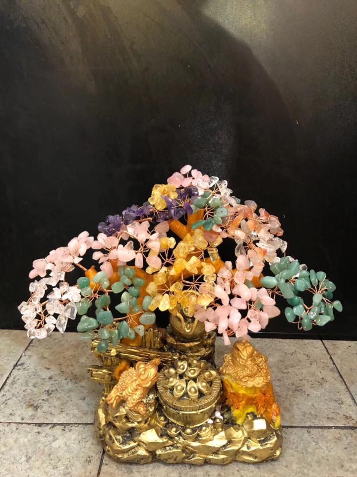 Cây Tài Lộc với tiểu cảnh bát tụ bảo và cóc thiềm thừ ngậm tiền phong thủy tài lộc đá thạch anh ngũ sắc - Cao 30 cm