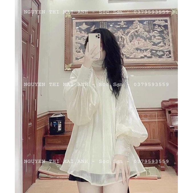 Áo sơ mi tơ óng cổ ngọc choker gs130