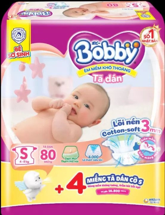 Tã dán bobby sơ sinh siêu thấm s 80 miếng - tặng thêm 4 miếng tã cùng loại
