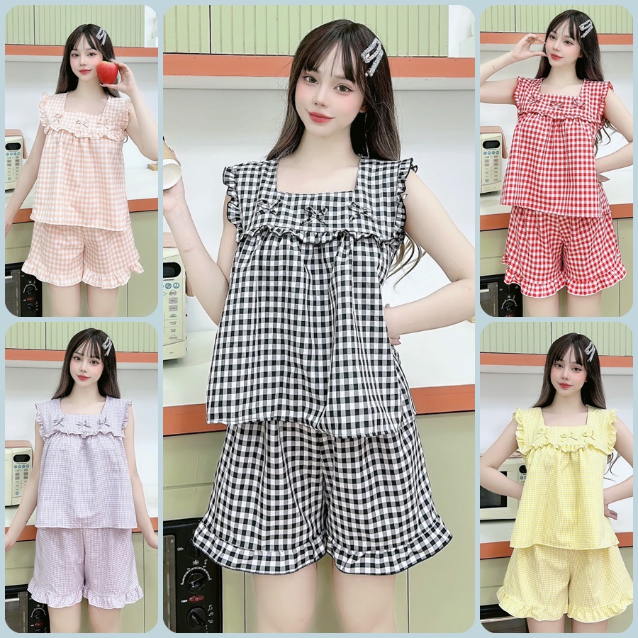 Đồ Ngủ Đùi Caro Vải Kate Lụa Freesize Dưới 54kg