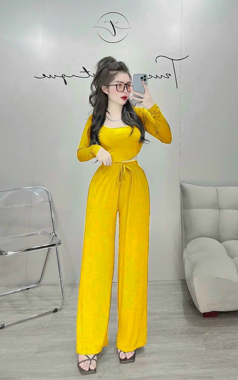 Sét bộ thun gân trơn basic, sét bộ đồ nữ áo cổ vuông tay dài phối quần suông dài, sét bộ áo thun gân quần ống rộng thời trang du lịch dạo phố