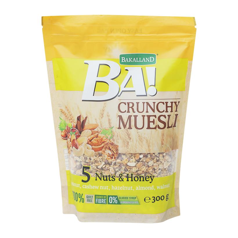 Ngũ cốc Bakalland Crunchy Muesli 5 Nuts & Honey gói 300gr (5 loại hạt & Mật ong)