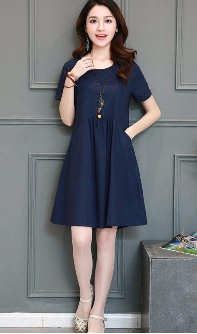 Đầm suông rúm ly cách điệu DS34XD (Xanh đen)
