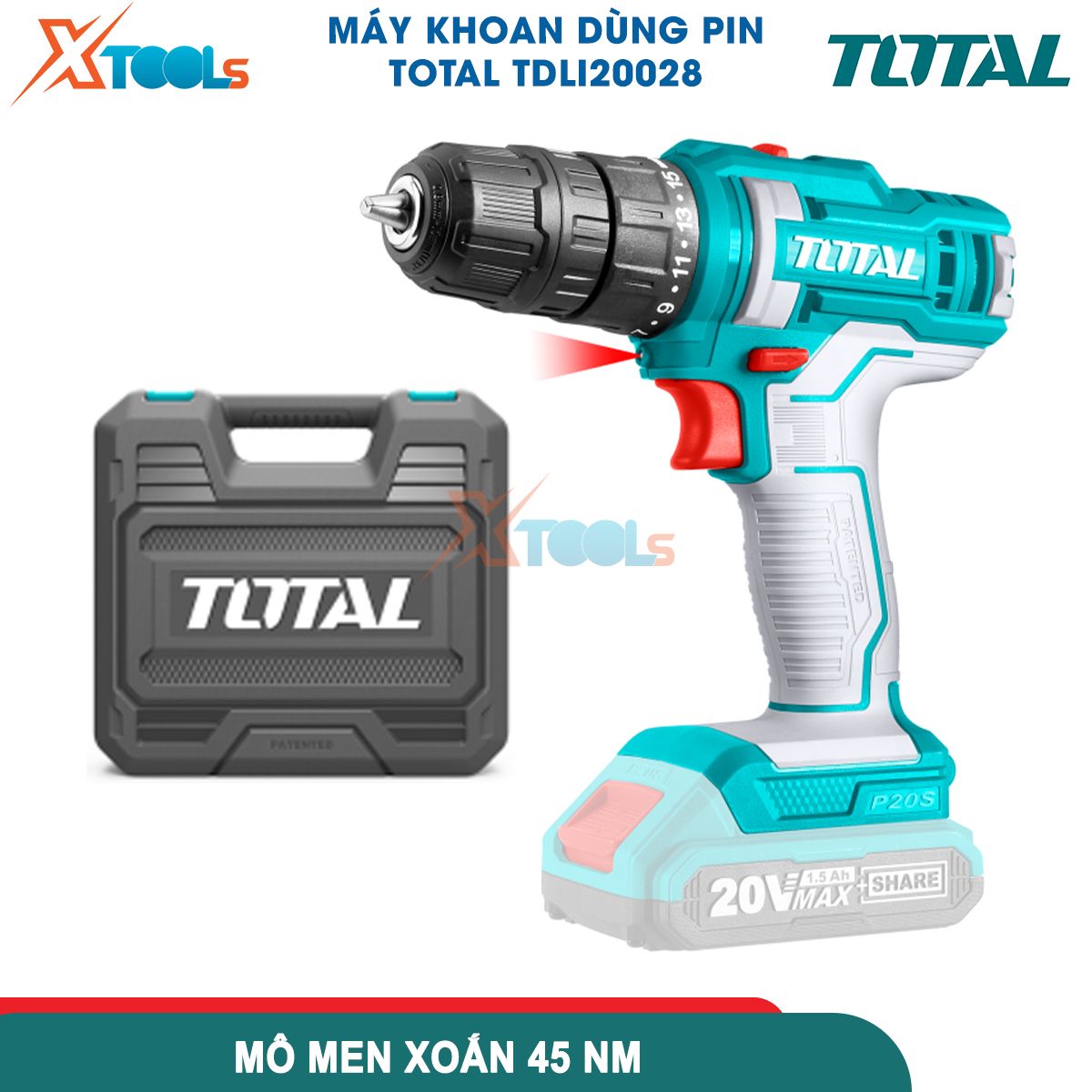 Máy khoan pin cầm tay TOTAL TDLI20028 pin Lithium 20V, khả năng khoan tối đa 0.8-10mm, kèm 2 pin 1.5Ah 1 sạcxtools