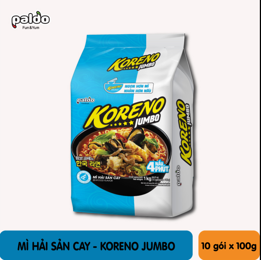 Mì hàn quốc koreno jumbo 1kg , 6 vị : kim chi/ hải sản/ bò/ tôm/ gà/ nấm. lốc 10 gói*100g.