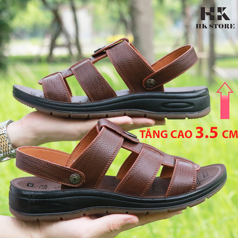 Dép sandal nam trung niên 💝 HK.STORE 💝 da bò xịn kết hợp đế kếp cao 3,5cm cực đẹp khâu may chân quai công nghệ 2021.